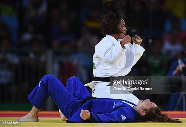 Kaori Matsumoto of Japan celebrates after defeating Automne Pavia of France in the Women's -57 kg Judo quarterfinal on Day 3 of the Rio 2016 Olympic...