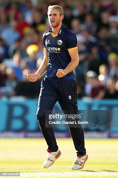 Paul Walter of Essex celebrates the first wicket for Essex with the dismissal of Michael Lumb of Notts during the NatWest T20 Blast match between...