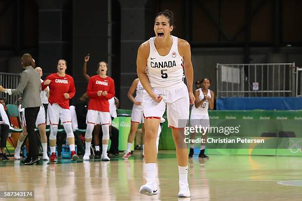 Kia Nurse of Canada reacts after scoring against Serbia during the women's basketball game on Day 3 of the Rio 2016 Olympic Games at the Youth Arena...