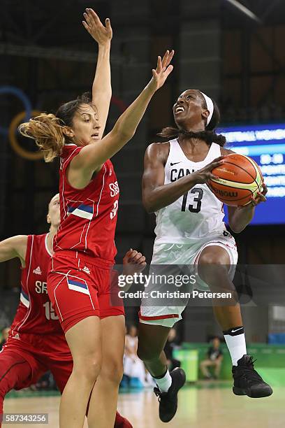 Tamara Tatham of Canada drives to the basket against Serbia during the women's basketball game on Day 3 of the Rio 2016 Olympic Games at the Youth...