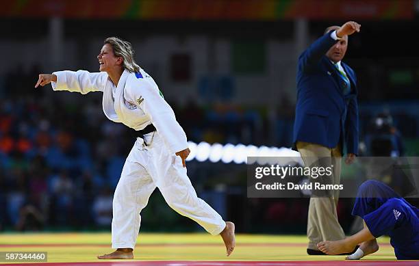 Telma Monteiro of Portugal celebrates after defeating Automne Pavia of France in the Women's -57 kg Repechage contest on Day 3 of the Rio 2016...