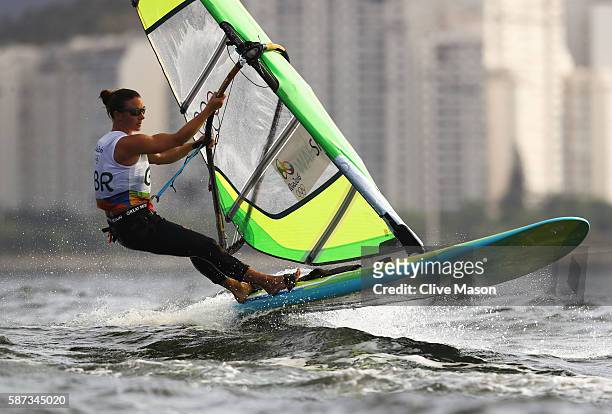 Bryony Shaw of Great Britain competes during the Women's RS:X Race 2 on Day 3 of the Rio 2016 Olympic Games at Marina da Gloria on August 9, 2016 in...