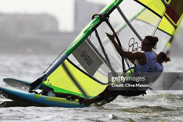 Bryony Shaw of Great Britain competes during the Women's RS:X Race 2 on Day 3 of the Rio 2016 Olympic Games at Marina da Gloria on August 9, 2016 in...