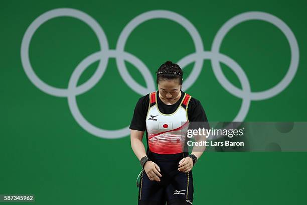 Mikiko Andoh of Japan competes during the Women's 58kg Group A weightlifting contest on Day 3 of the Rio 2016 Olympic Games at the Riocentro -...