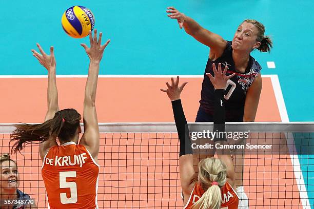 Jordan Larson-Burbach of United States plays a shot during the Women's Preliminary Pool B match between the Netherlands and the United States on Day...