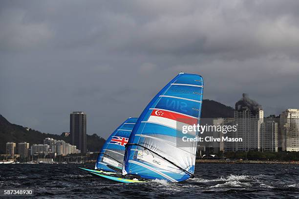 Leonard Ong of Singapore competes during the Men's RS:X Race 2 on Day 3 of the Rio 2016 Olympic Games at Marina da Gloria on August 9, 2016 in Rio de...