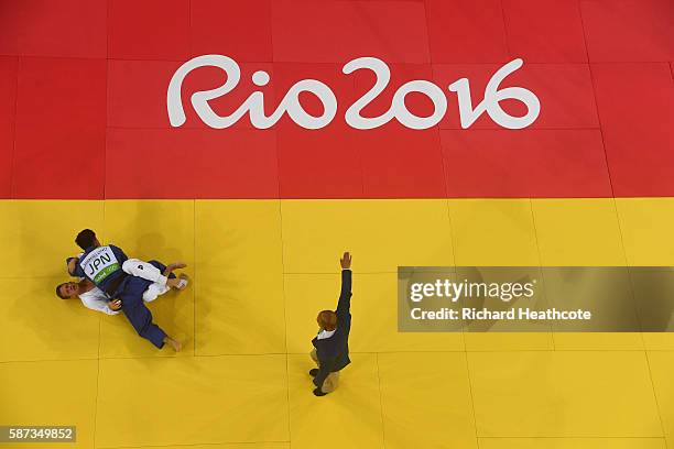 Shohei Ono of Japan defeats Dirk van Tichelt of Belgium in the Men's -73 kg Semifinal of Table A Judo match on Day 3 of the Rio 2016 Olympic Games at...