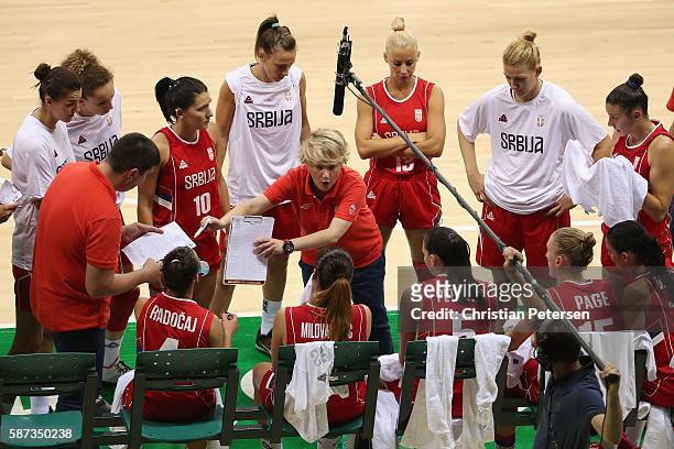 Head coach Marina Maljkovic of Serbia talks to her team during a time out from the women's basketball game against Canada on Day 3 of the Rio 2016...