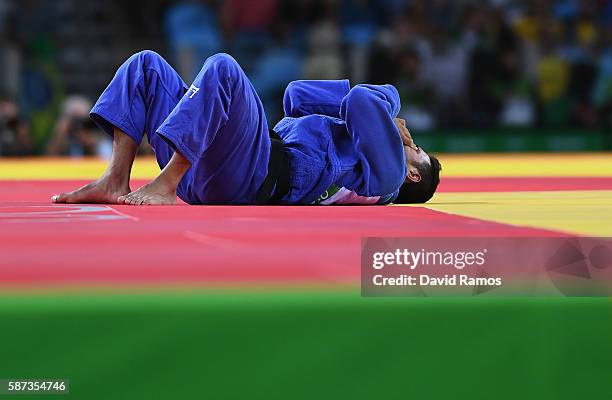 Sagi Muki of Israel reacts after being defeated by Lasha Shavdatuashvili of Georgia in the Men's -73 kg Contest for Bronze Medal A on Day 3 of the...