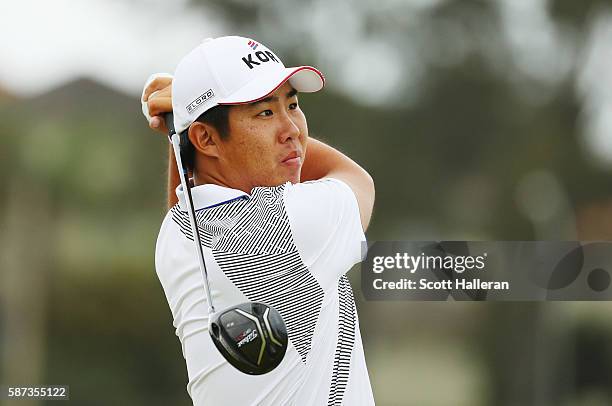 Byeong-hun An of South Korea plays a shot during a practice round during Day 3 of the Rio 2016 Olympic Games at Olympic Golf Course on August 8, 2016...