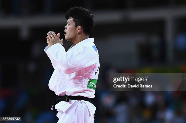 Shohei Ono of Japan reacts after defeating Rustam Orujov of Azerbaijan in the Men's -73 kg Final - Gold Medal Contest on Day 3 of the Rio 2016...