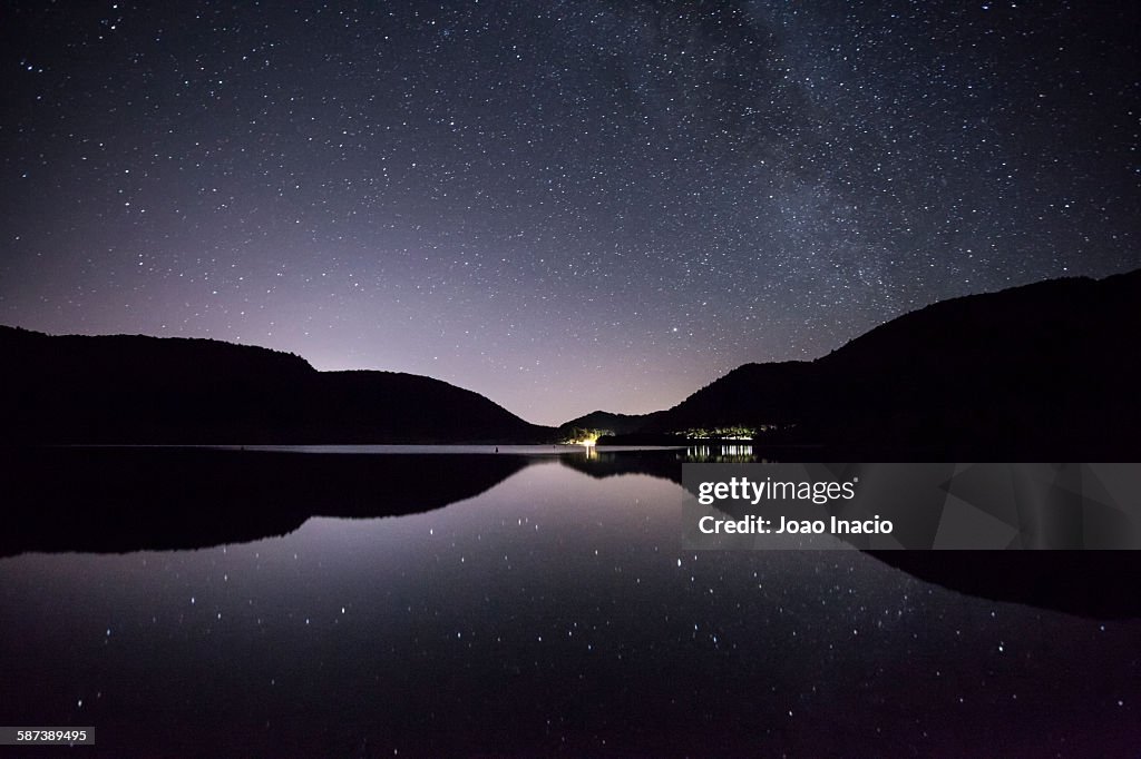 Stars over calm lake