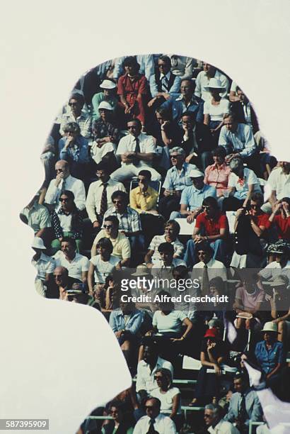 Woman's head filled with spectators at an event, 1978.