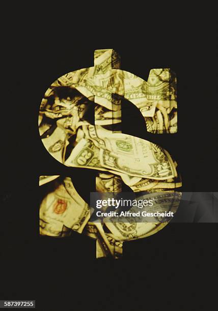 Dollar banknotes superimposed on a dollar sign, 1982.