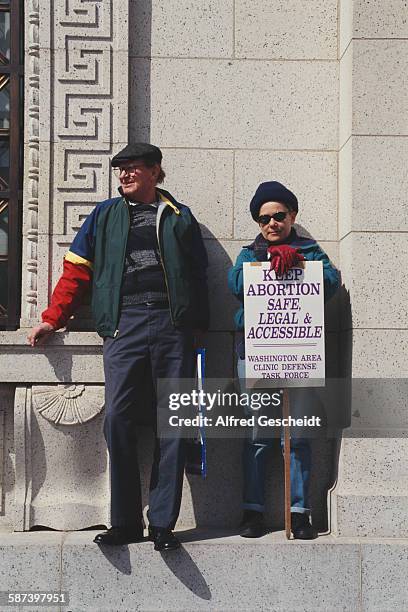 Pro-choice rally in Washington, DC, 5th April 1992. The placard is from the Washington Area Clinic Defense Task Force.