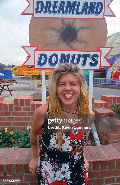 Drummer Lori Barbero, of American punk rock band Babes In Toyland, at the Dreamland amusement park, Margate, Kent, UK, July 1992. (Photo by Kevin...