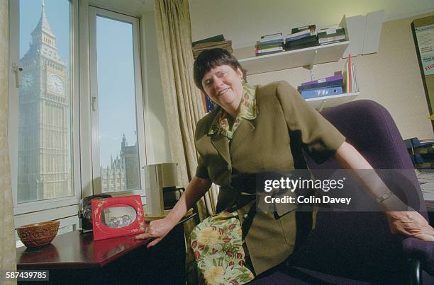 British Conservative MP Ann Widdecombe at her office in Parliament Street, London, 19th May 1998. Big Ben, the clocktower of the Palace of...