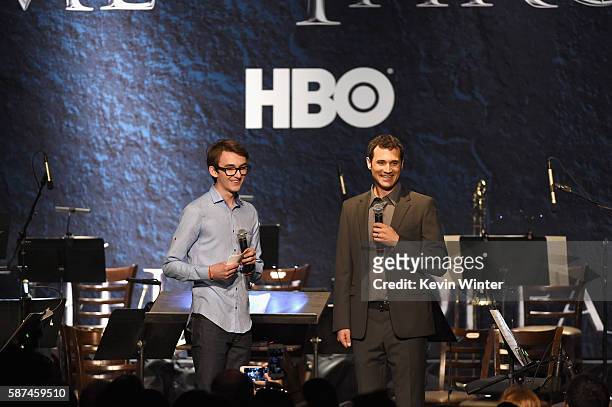 Actor Isaac Hempstead Wright and composer Ramin Djawadi speak onstage during the announcement of the Game of Thrones® Live Concert Experience...