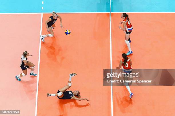 Jordan Larson-Burbach of United States plays a shot during the Women's Preliminary Pool B match between the Netherlands and the United States on Day...