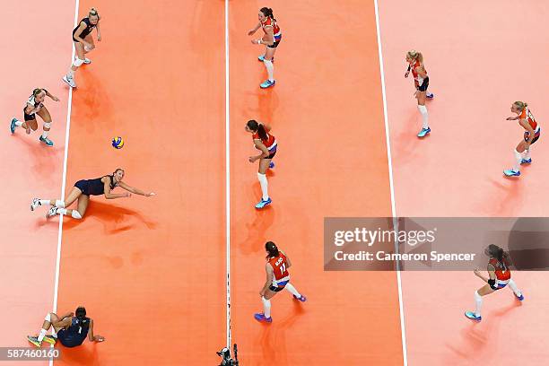 Jordan Larson-Burbach of United States plays a shot during the Women's Preliminary Pool B match between the Netherlands and the United States on Day...