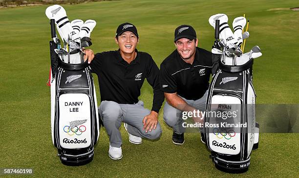 Danny Lee of New Zealand and Ryan Fox of New Zealand with their Olympic golf bags during a practice round at Olympic Golf Course on August 8, 2016 in...