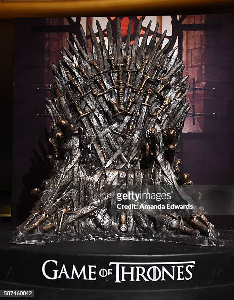 The Iron Throne is displayed at HBO's "Game Of Thrones" Live Concert and Q&A event with composer Ramin Djawadi at the Hollywood Palladium on August...