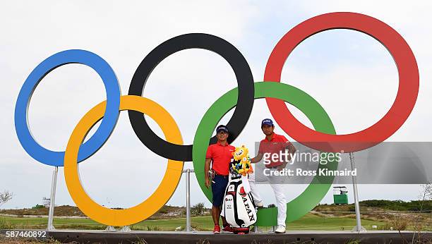 Yuta Ikeda of Japan pictured in front of a set of Olympic rings during a practice round at Olympic Golf Course on August 8, 2016 in Rio de Janeiro,...
