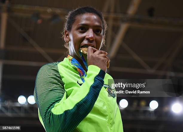 Rafaela Silva of Brazil celebrates after winning the gold medal in the Women's -57 kg Final - Gold Medal Contest on Day 3 of the Rio 2016 Olympic...