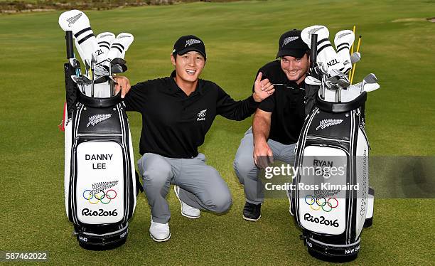 Danny Lee of New Zealand and Ryan Fox of New Zealand with their Olympic golf bags during a practice round at Olympic Golf Course on August 8, 2016 in...