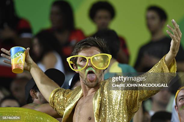 Fans attend the womens rugby sevens bronze medal match between Canada and Britain during the Rio 2016 Olympic Games at Deodoro Stadium in Rio de...