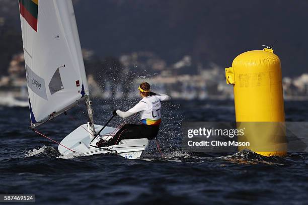 Gintare Scheidt of Lithuania competes during the Women's Laser Radial races on Day 3 of the Rio 2016 Olympic Games at Marina da Gloria on August 9,...