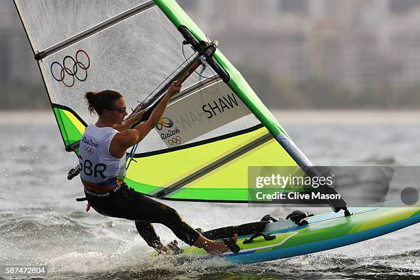 Bryony Shaw of Great Britain competes during the Women's RS:X Race 2 on Day 3 of the Rio 2016 Olympic Games at Marina da Gloria on August 9, 2016 in...