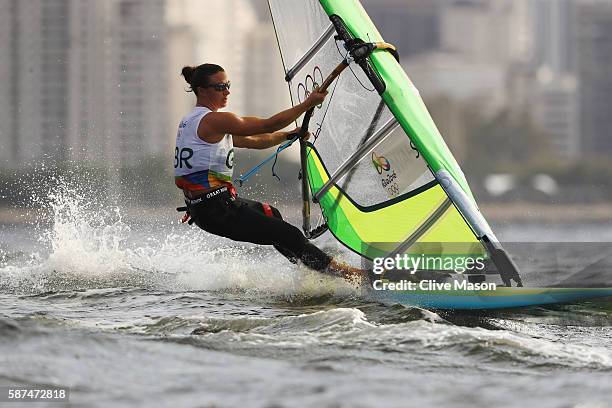 Bryony Shaw of Great Britain competes during the Women's RS:X Race 2 on Day 3 of the Rio 2016 Olympic Games at Marina da Gloria on August 9, 2016 in...