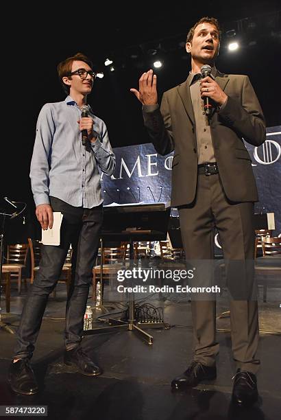 Actor Isaac Hempstead Wright and composer Ramin Djawadi speak onstage at HBO's "Game Of Thrones" Live Concert and Q&A at Hollywood Palladium on...