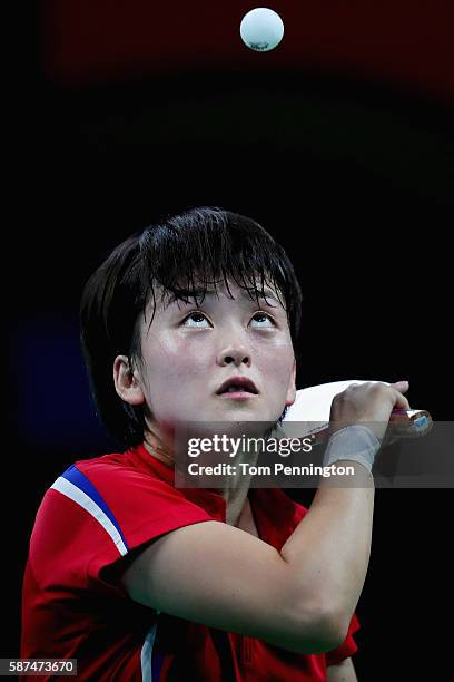 Myong Sun Ri of North Korea competes against Ai Fukuhara of Japan during Round 4 of the Women's Singles Table Tennis on Day 3 of the Rio 2016 Olympic...