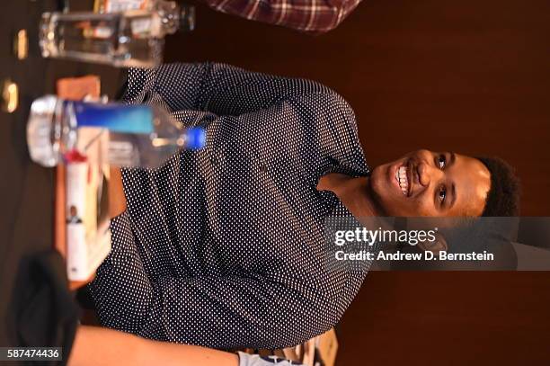 Anthony Brown of the Los Angeles Lakers listens while NBA Legend, Magic Johnson speaks to first and second year NBA players on August 04, 2016 at...