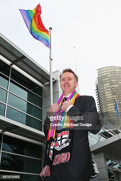 St.Kilda Saints CEO Matt Finnis wears the Pride Game rainbow after raising the Pride Game rainbow flag at AFL house during an AFL media opportunity...