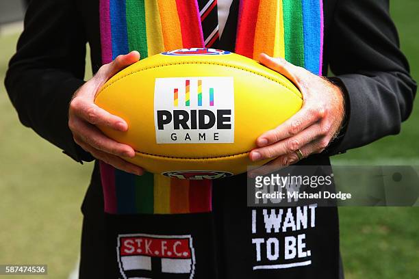 St.Kilda Saints CEO Matt Finnis holds the Pride Game rainbow ball during an AFL media opportunity at Etihad Stadium on August 9, 2016 in Melbourne,...