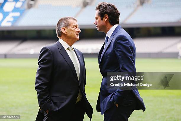 Beyondblue Chairman Jeff Kennett, a former president of the Hawthorn Hawks Football Club, speaks to AFL CEO Gillon McLachlan during an AFL media...