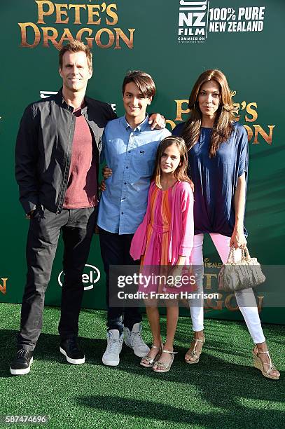 Actor Cameron Mathison, Lucas Arthur Mathison, Leila Emmanuelle Mathison and Vanessa Arevalo attend the premiere of Disney's "Pete's Dragon" at the...