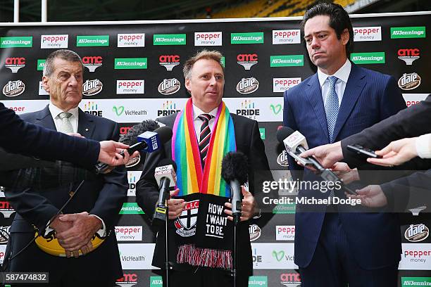 St.Kilda Saints CEO Matt Finnis speaks to media next to beyondblue Chairman Jeff Kennett and AFL CEO Gillon McLachlan during an AFL media opportunity...