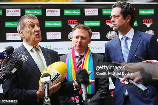 Beyondblue Chairman Jeff Kennett speaks to media with AFL CEO Gillon McLachlan and St.Kilda Saints CEO Matt Finnis during an AFL media opportunity at...