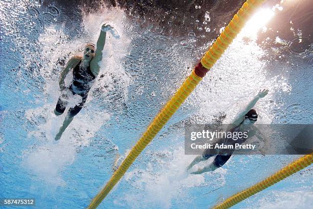 Federica Pellegrini of Italy and Katie Ledecky of the United States in the second Semifinal of the Women's 200m Freestyle on Day 3 of the Rio 2016...