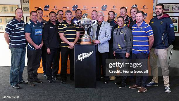 The 14 Mitre 10 coaches and Tuck Waka with the Rugby Cup during the 2016 Mitre 10 Cup Launch at Eden Rugby Club on August 9, 2016 in Auckland, New...