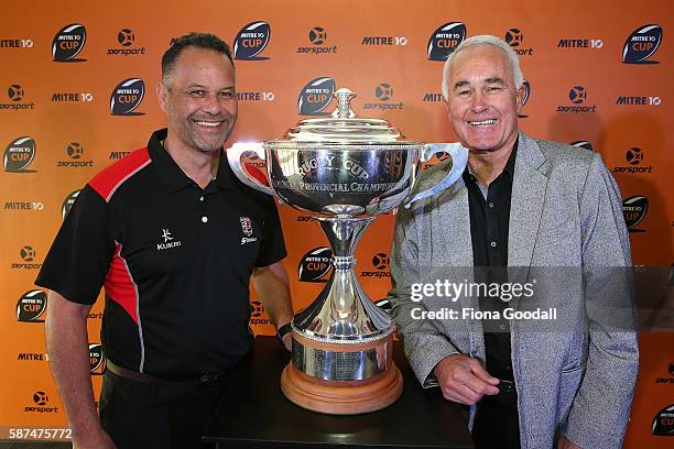 Counties Manukau coach Darryl Suasua and Tuck Waka with The Rugby Cup during the 2016 Mitre 10 Cup Launch at Eden Rugby Club on August 9, 2016 in...