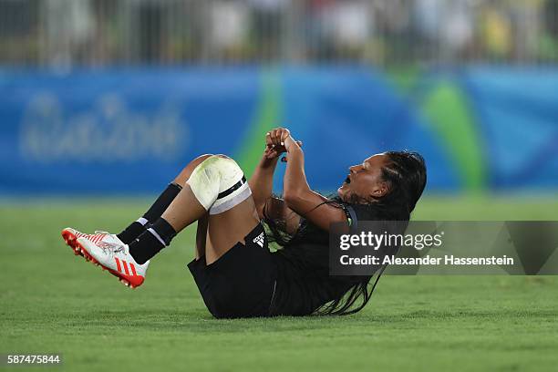 Ruby Tui of New Zeland reacts after the Women's Gold Medal Rugby Sevens match between Australia and New Zealand on Day 3 of the Rio 2016 Olympic...