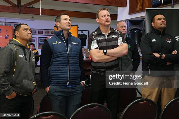 Mitre 10 Cup coaches watch the NZ Women's Sevens final at the Olympics during the 2016 Mitre 10 Cup Launch at Eden Rugby Club on August 9, 2016 in...