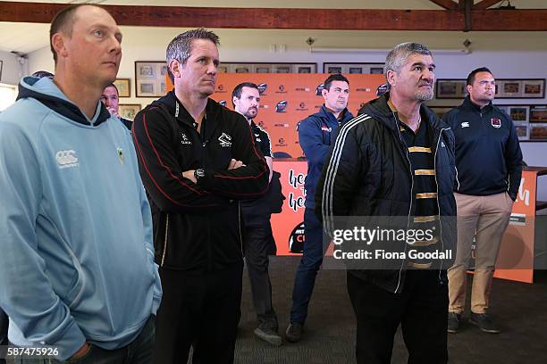 Mitre 10 Cup coaches watch the NZ Women's Sevens final during the 2016 Mitre 10 Cup Launch at Eden Rugby Club on August 9, 2016 in Auckland, New...