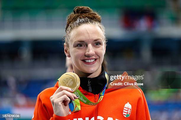 Gold medalist Katinka Hosszu of Hungary poses during the medal ceremony for the Women's 100m Backstroke Final on Day 3 of the Rio 2016 Olympic Games...