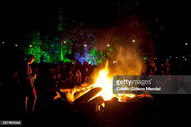 Huge campfire at the Green Man festival. This is an independent music festival held annually in a stunning natural location in Glanusk Park in the...